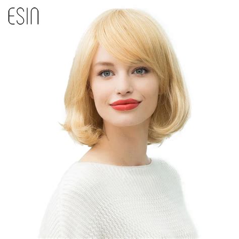 Esin 12 Inch Blonde Short Wig 70 Natural Hair Inclined Bangs Wavy Bob Wigs For White Women Free