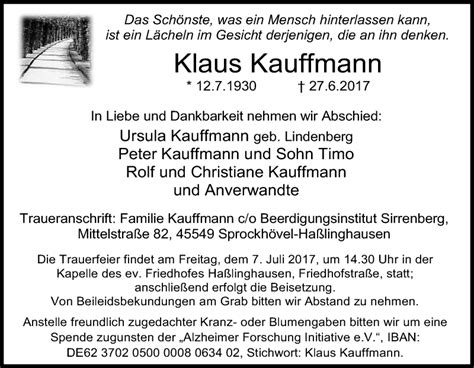 Traueranzeigen Von Klaus Kauffmann Trauer In Nrw De