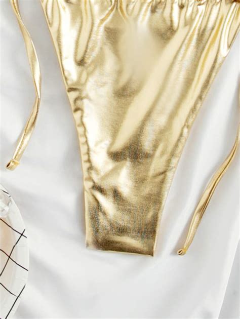 SHEIN Swim Summer Beach Metallic Bikini Set Halter Micro Triangle Bra Tie Side Thong 2 Pieces