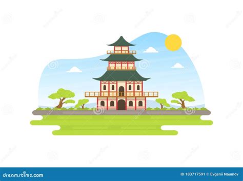 Japanese Pagoda At Spring Natural Landscape Asian Temple Vector