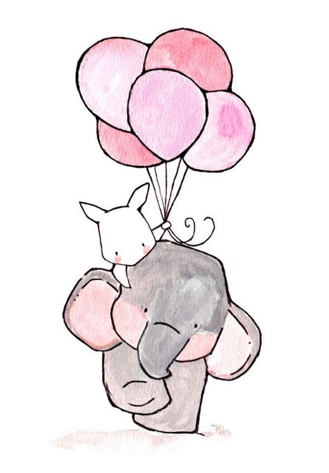 Babys Elefant und Hase der Hase hält fünf rosafarbene Ballons schöne