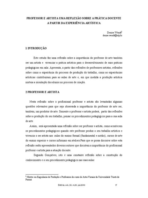 Pdf Artigo Professor E Artista Uma Reflexao Sobre A Pratica