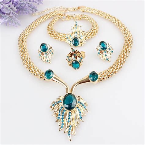 Gold Plated Crystal Necklace Bracelet Earrings Ring Set Wedding Fashion Jewelry Austrian