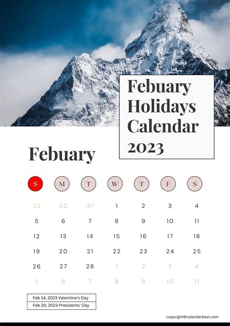 February Holidays Calendar 2023 – Printable Template in PDF