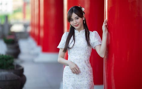 Images Brunette Girl Bokeh Posing Young Woman Asian Frock 3840x2400