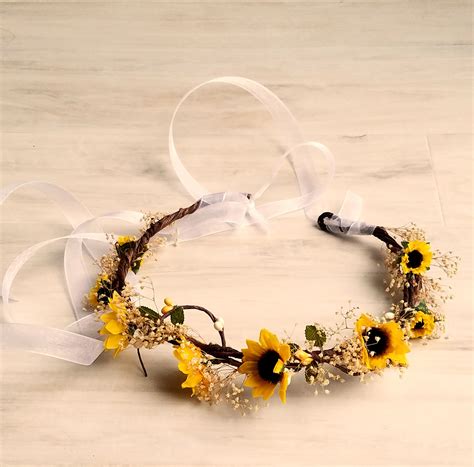 Bridal Dried Flower Crown Sunflower Fall Hair Wreath Sheer Etsy