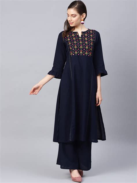 Shop Navy Blue Floral Embroidered Regular Mirror Work Kurta With