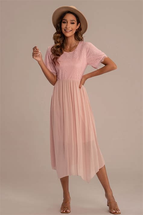 Pink Short Sleeve Round Neck Midi Dress Petallush