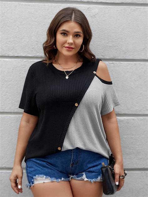 Shein Lune Plus Size Women S Contrast Color Off Shoulder T Shirt Shein Usa