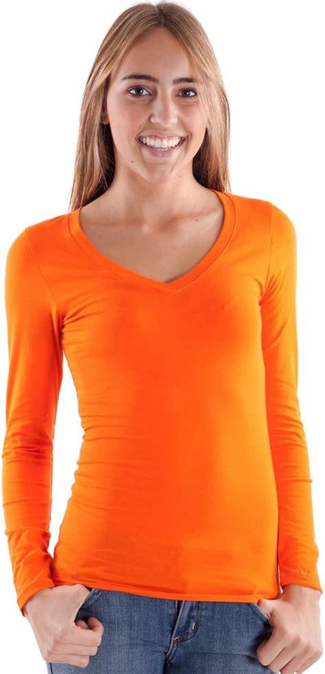 Orange Ladies V Neck Long Sleeve T Shirt Uk Clothing