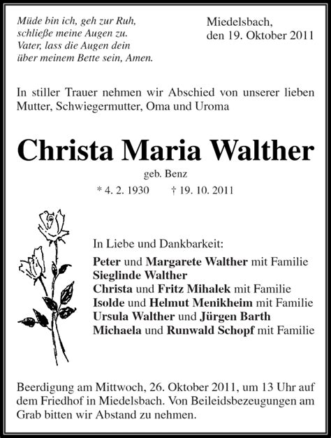 Traueranzeigen Von Christa Maria Walther Zvw Trauer