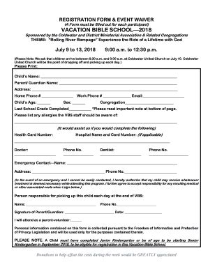 Fillable Online Vbs Registration Form And Waiver Fax Email Print