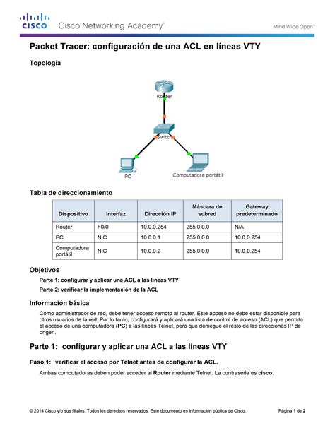 Packet Tracer Configuring An Acl On Vty Lines Instructions