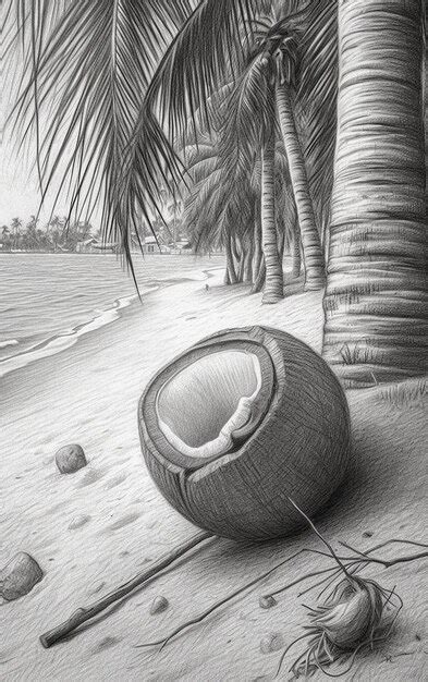 Dibujo A L Piz De Un Coco Con Paja En Una Playa Tropical Foto Premium