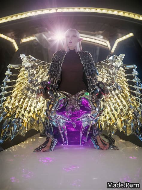 Porn Image Of Neon Pussy Licking Chrome Platinum Squatting Fantasy Mechanical Wings Created By AI