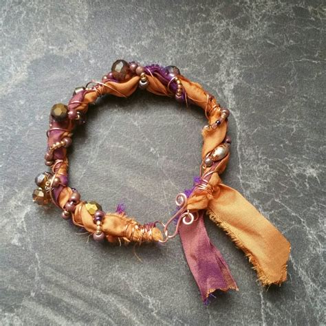 Recycled Sari Silk Ribbon Beaded Bracelet Purple And Gold