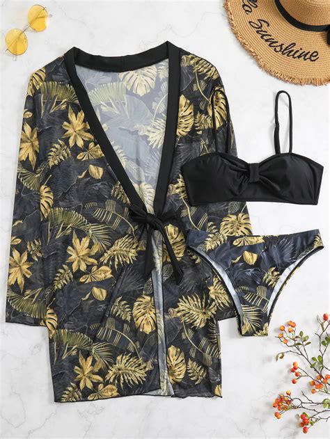 Tropical Print Bikini Swimsuit With Kimono Shein Usa