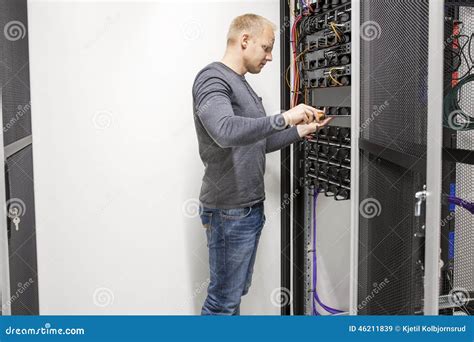 Consultant Builds Communication Rack In Datacenter Stock Image Image