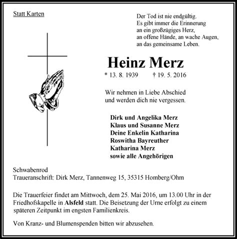 Traueranzeigen Von Heinz Merz Vrm Trauer De