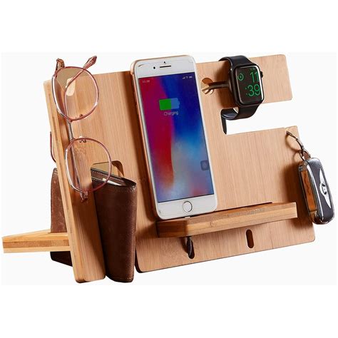 Bamboo Wood Phone Docking Station Key Holder Wallet Stand Watch