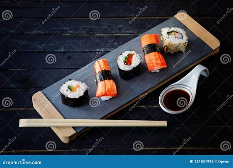 Japanese Sushi Dish Sashimi Nigiri Sushi With Rice And Salmon Stock