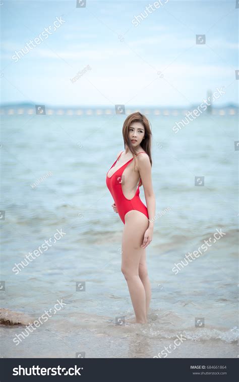 Asian Woman Red Bikini One Piece Stock Photo Shutterstock