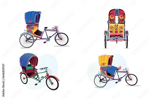 Set Of Colorful Rickshaw Illustrations Bangladeshi Rickshaw Art Tri