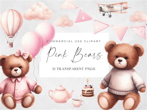 Clouds And Hot Air Balloon Bear Clipart Bear With Clouds Clip Art Baby Shower Pink Digital
