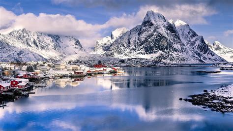 Nature Landscape Mountain Clouds House Hill Norway Villages Water Snow