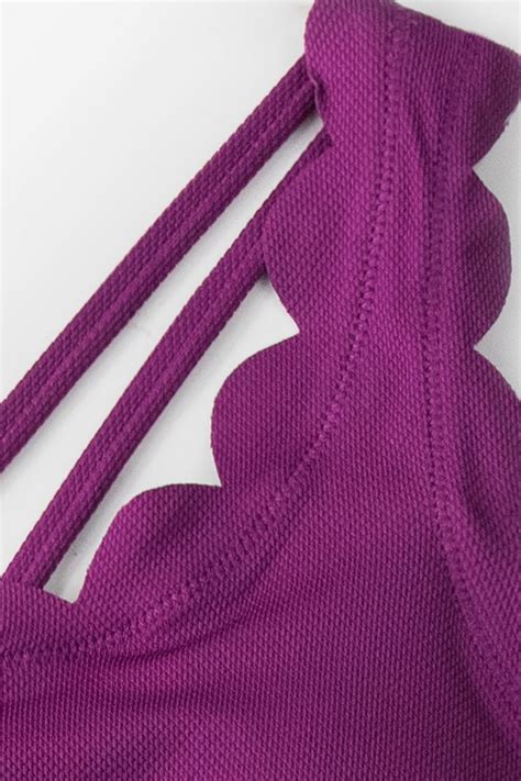 Purple And Floral One Shoulder Scalloped Bikini