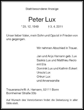 Alle Traueranzeigen F R Peter Lux Trauer Rp Online De