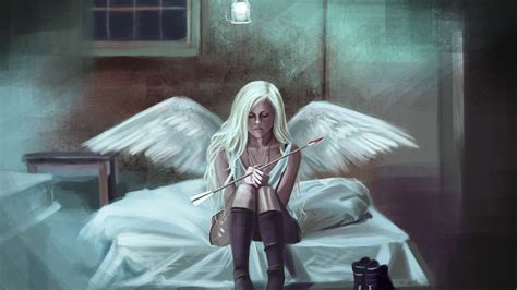 Картинки арт, ангел, девушка, блондинка, крылья, сидит, стрела, ботинки ...