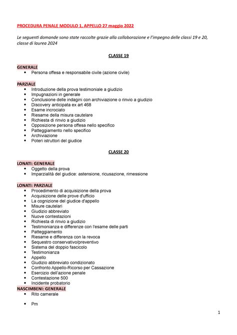 Domande Proc Pen Modulo I Primo Appello PROCEDURA PENALE MODULO 1