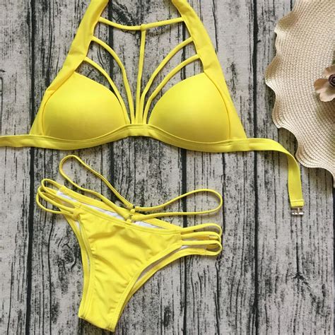 2018 Solid Yellow Bikini Set Thong Swimsuit Women Padded Biquini Push