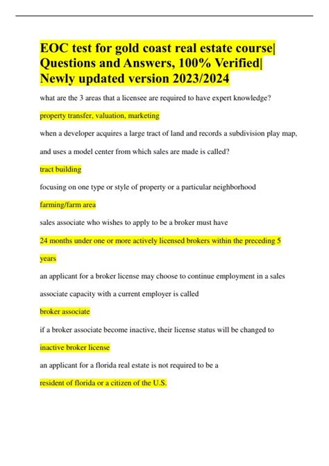 EOC test for gold coast real estate course|Questions and Answers, 100%
