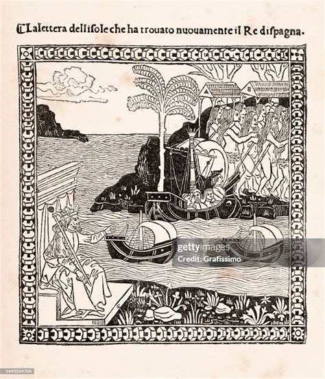 Christopher Columbus Discovering America 1492 Woodcut High Res Vector