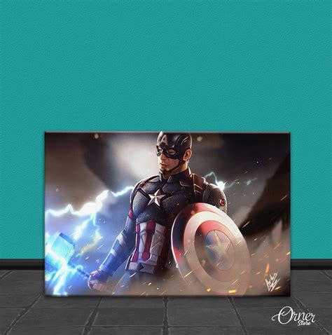 Captain America Holding Mjolnir And Shield Movies Poster Wall Art