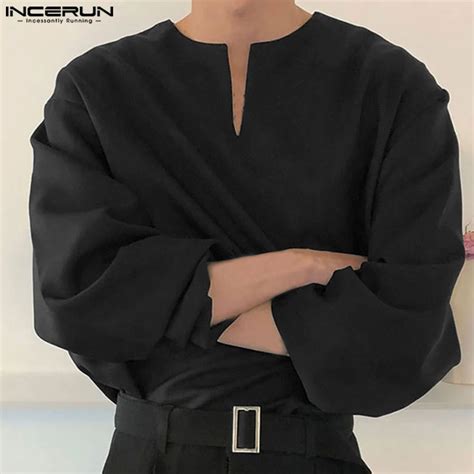 INCERUN 2023 Men Shirt Solid Color V Neck Long Sleeve Loose Vintage Men