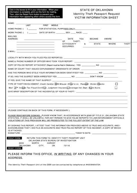 Identity Theft Passport Request Victim Information Sheet Printable Pdf