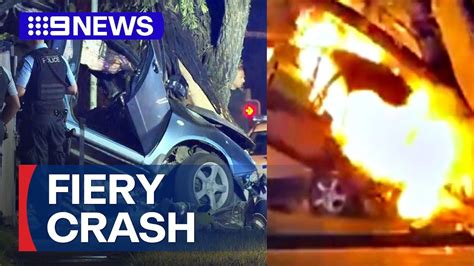 Car Bursts Into Flames After Crashing Into Tree 9 News Australia