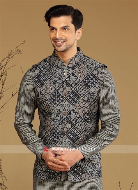 Readymade Navy Blue Fancy Printed Nehru Jacket Set