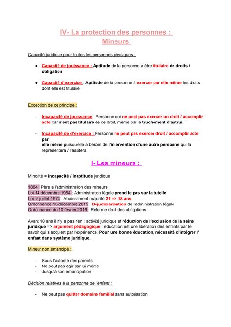 Fiche 4 La Protection De La Personne IV La Protection Des Personnes