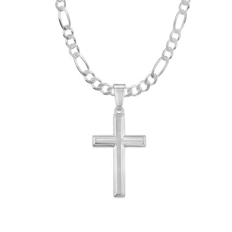 Mens Sterling Silver Traditional Cross Pendant with Figaro Chain ...