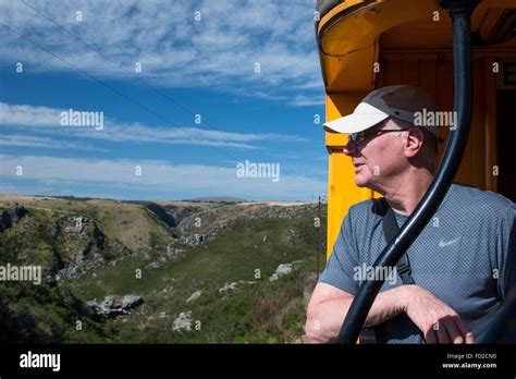 New Zealand, Dunedin, Dunedin Railways Taieri Gorge scenic train. Passenger on train, model ...