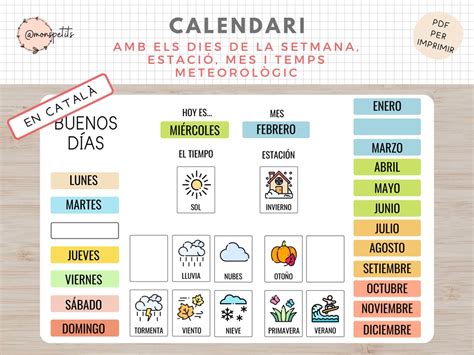 Calendari Dies de la Setmana estació mes i temps En Català Etsy España