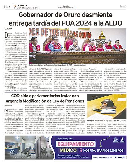 GOBIERNO AUT NOMO MUNICIPAL DE ORURO Periódico La Patria Oruro