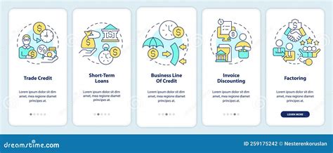 Sources Of Short Term Financing Onboarding Mobile App Screen Stock