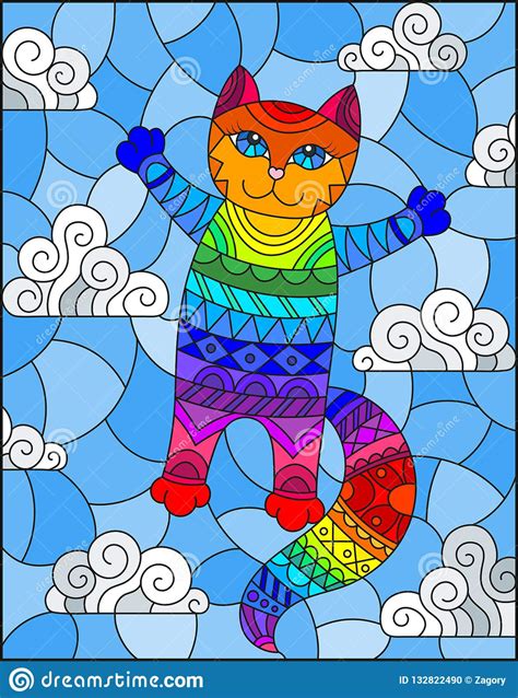 Illustration In Stained Glass Style With Cartoon Rainbow Cat On The Background Of The Sky And