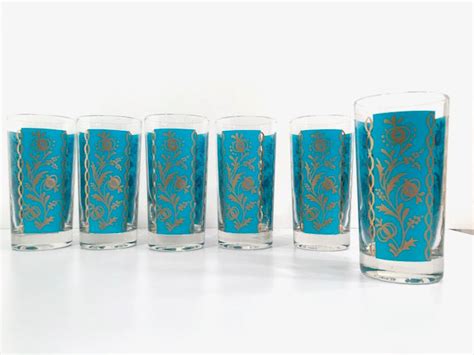 Mid Century Gold And Turquoise Flower Scroll Highball Glasses Set Of Retro Solstice