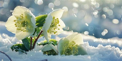 AI generated Helleborus Flowers with snow in garden, Hellebore winter
